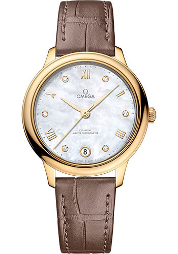 Omega De Ville Yellow Gold 34 MM - Brown Leather Strap - White  Mother-Of-Pearl  Diamond Dial - 434.53.34.20.55.002