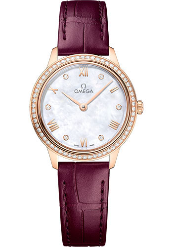 Omega De Ville Rose Gold 27.5 MM - Taupe Brown Leather Strap - Diamond Bezel - White Mother -Of- Pearl Dial - 434.58.28.60.55.001