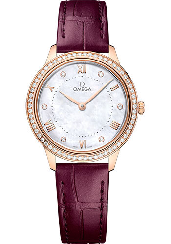 Omega De Ville Rose Gold 30 MM - Purple Leather Strap - Diamond Bezel - White Mother-Of-Pearl Diamond Dial - 434.58.30.60.55.001