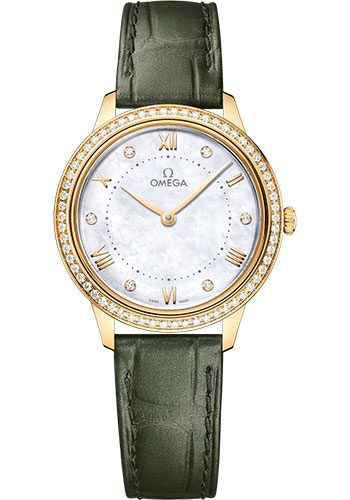 Omega De Ville Yellow Gold 30 MM - Olive Green Leather Strap - Diamond Bezel - White Mother -Of- Pearl Dial - 434.58.30.60.55.002