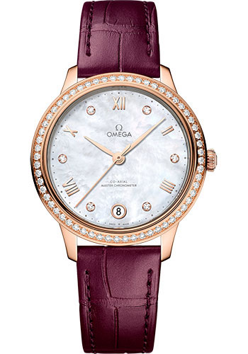 Omega De Ville Rose Gold 34 MM - Purple Leather Strap - Diamond Bezel - White Mother-Of-Pearl  Diamond Dial - 434.58.34.20.55.001