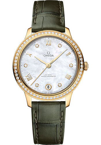 Omega De Ville Yellow Gold 34 MM - Olive Green Leather Strap - Diamond Bezel - White Mother-Of-Pearl Diamond Dial - 434.58.34.20.55.002