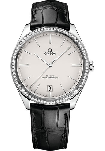 Omega De Ville Stainless Steel 40 MM - Black Leather Strap - Diamond Bezel - Opaline Silvery Dial - 435.18.40.21.02.001