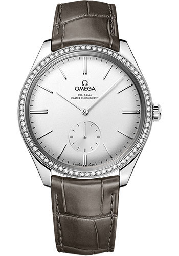 Omega De Ville Stainless Steel 40 MM - Grey Leather Strap - Diamond Bezel - Silvery Crystal Dial - 435.18.40.21.02.002