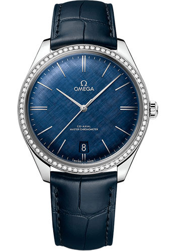 Omega De Ville Stainless Steel 40 MM - Diamond Bezel - Blue Leather Strap - Blue Dial - 435.18.40.21.03.001