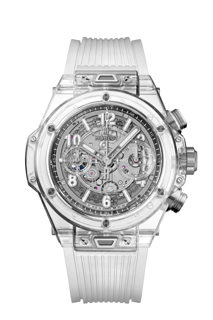 Hublot Big Bang Unico Sapphire 42 MM - Striped Clear Structured Strap - Resin Skeleton Dial - 441.JX.4802.RT