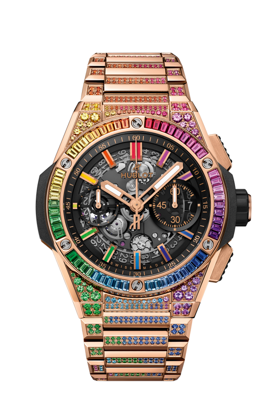 Hublot Big Bang Integrated King Gold Rainbow 42 MM - King Gold Bracelet - Matte Black Skeleton Dial - 451.OX.1180.OX.3999