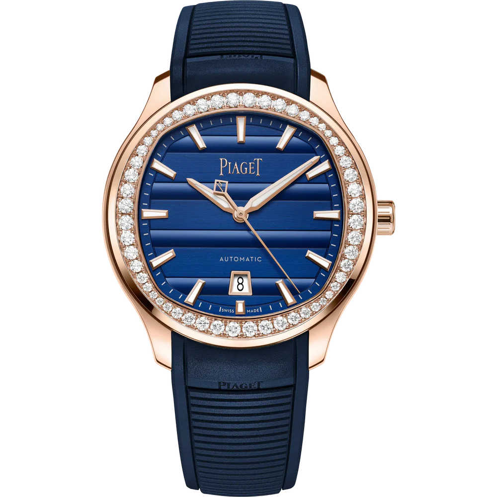 Piaget Polo Signature Date - Rose Gold - 42 MM - Dark Blue Rubber Strap - Diamond Bezel - Blue Dial - G0A51034