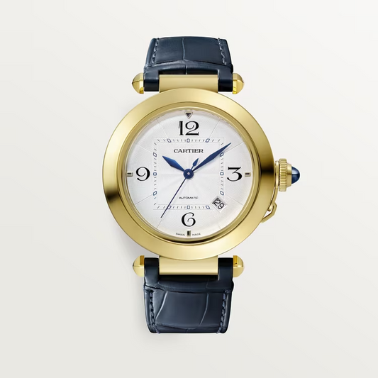 Cartier Pasha de Cartier Yellow Gold 41 MM - Blue Alligator Strap - Silver Flinqué Dial - WGPA0007