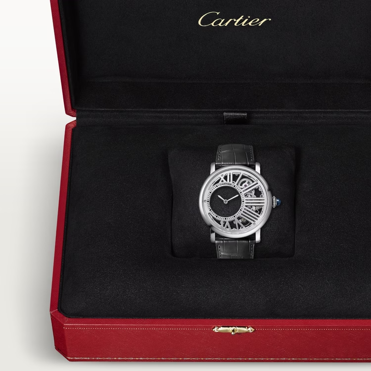 Cartier Ronde Rotonde de Cartier Steel  42 MM - Black Alligator Leather Strap - Skeleton Dial - WHRO0014