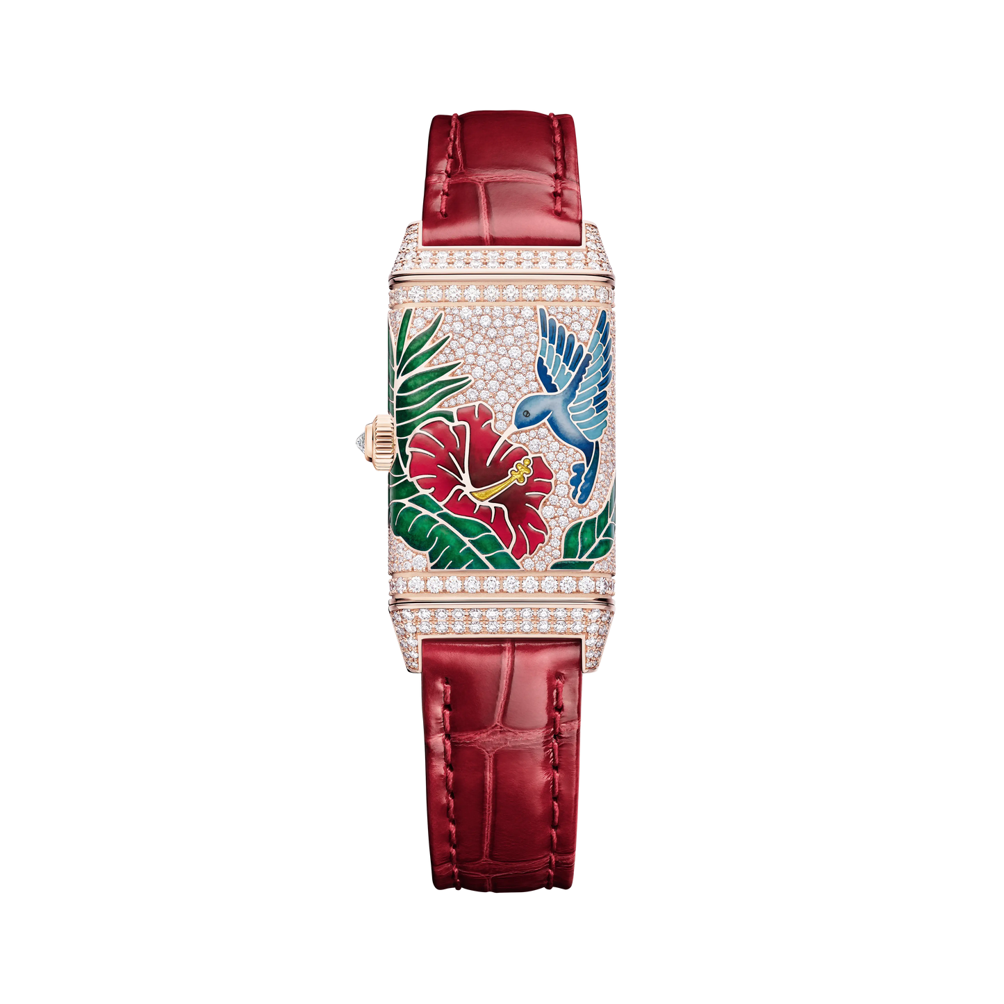 JLC - Reverso One "Hibiscus Rosa" Limited Edition - 40 MM x 20 MM - Rose Gold - Mother-Of-Pearl Dial - Diamond-Set Case - Red Leather Strap - Q3292425