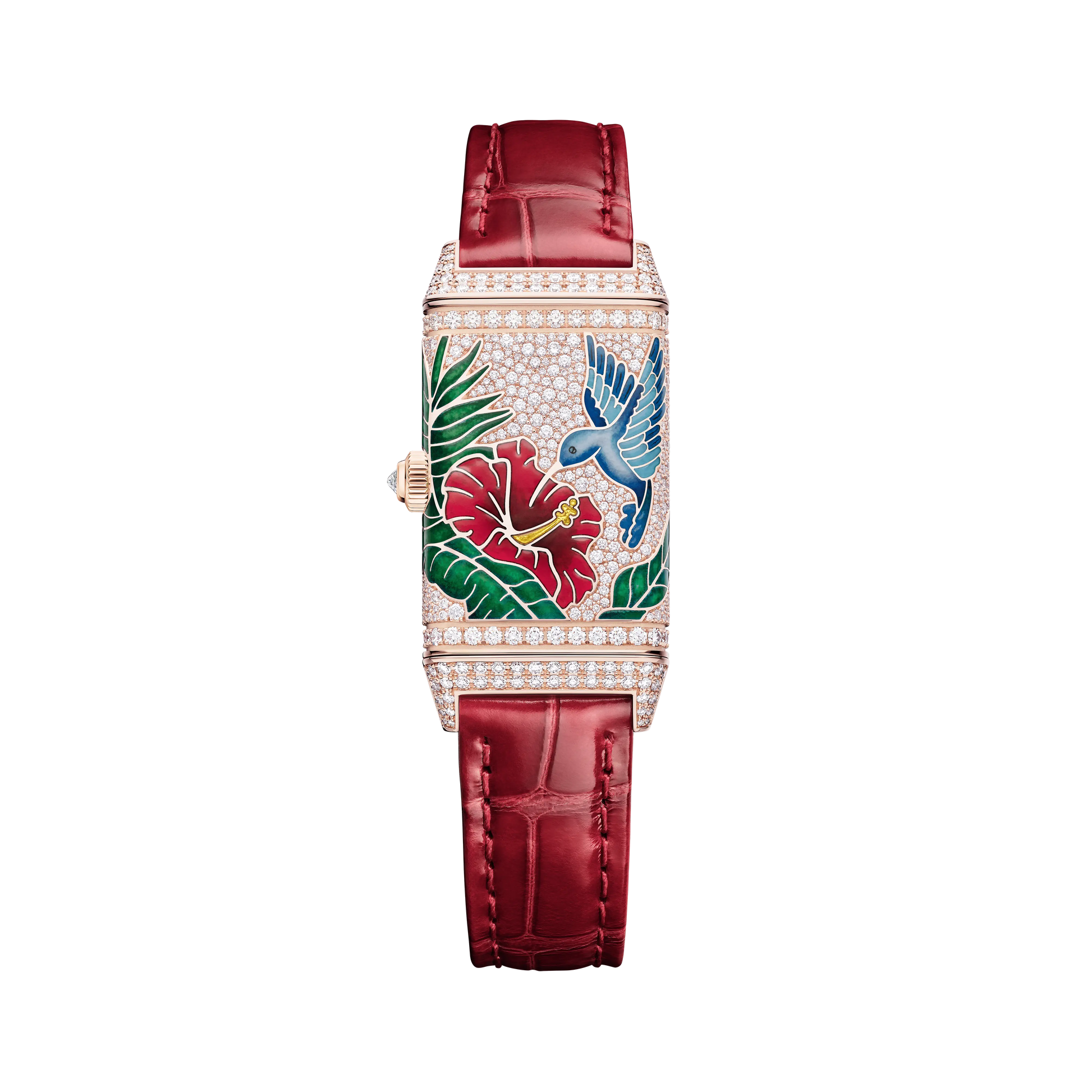 JLC - Reverso One "Hibiscus Rosa" Limited Edition - 40 MM x 20 MM - Rose Gold - Mother-Of-Pearl Dial - Diamond-Set Case - Red Leather Strap - Q3292425