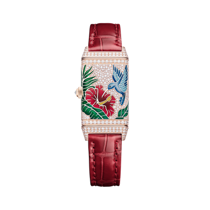 JLC - Reverso One "Hibiscus Rosa" Limited Edition - 40 MM x 20 MM - Rose Gold - Mother-Of-Pearl Dial - Diamond-Set Case - Red Leather Strap - Q3292425