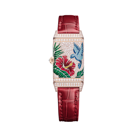 JLC - Reverso One "Hibiscus Rosa" Limited Edition - 40 MM x 20 MM - Rose Gold - Mother-Of-Pearl Dial - Diamond-Set Case - Red Leather Strap - Q3292425