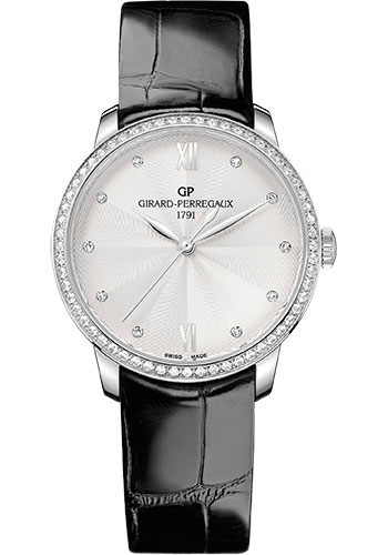 Girard-Perregaux 1966 Stainless Steel 36 MM - Black Leather Strap - Diamond Bezel - Silver Diamond Dial - 49523D11A171-CB6A