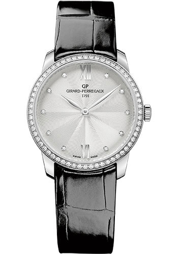 Girard-Perregaux 1966 Stainless Steel 30 MM - Black Leather Strap - Diamond Bezel - Silver Diamond Dial - 49528D11A172-CB6A