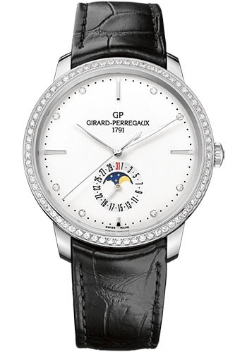 Girard-Perregaux 1966 Stainless Steel 40 MM - Black Leather Strap - Diamond Bezel - Silver Opaline Dial - 49545D11A1A1-BB60