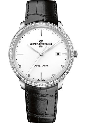 Girard-Perregaux 1966 Stainless Steel 40 MM - Black Leather Strap - Diamond Bezel - Silver Opaline Dial - 49555D11A1A1-BB60