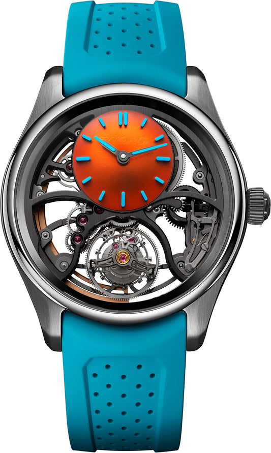H. Moser & Cie Pioneer Cylindrical  Tourbillon Skeleton Spiced Aqua - Stainless Steel - 42.8 MM - Rubber Strap - Skeleton Dial - 3811-1203