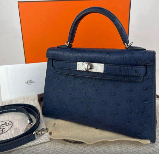 Hermès Kelly Sellier 20 - Aizome - Ostrich - Palladium Hardware - KS20AOPHW