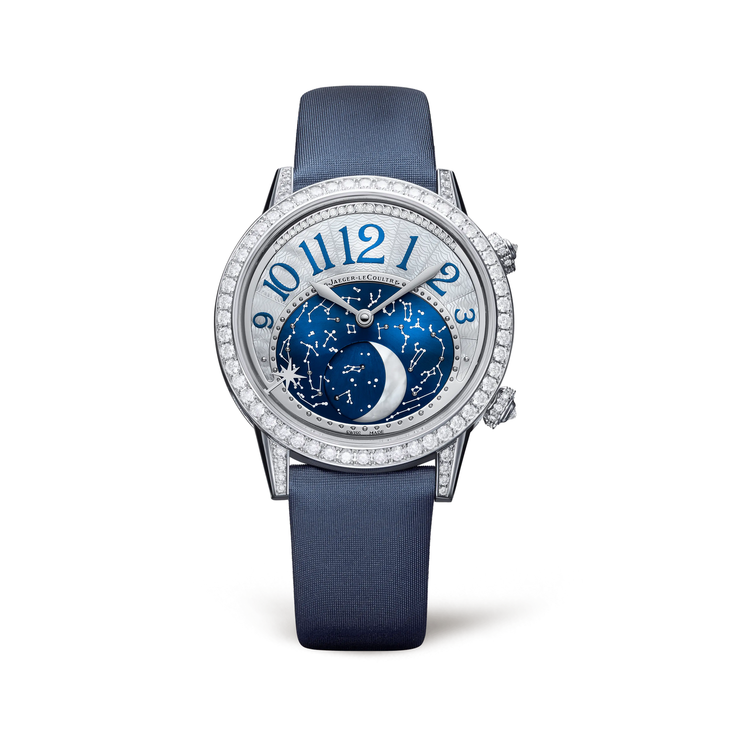 JLC - Rendez-Vous Jewellery Moon - 36 MM - White Gold - Silver/Blue Asymmetrical Dial - Diamond Bezel - Blue Satin Strap - Q3523490
