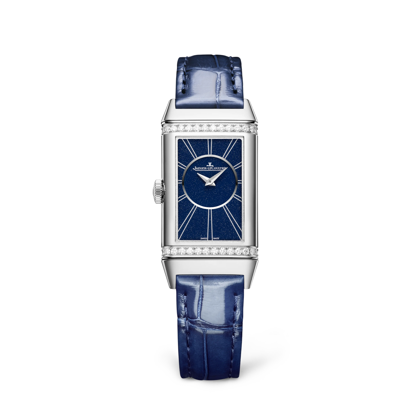 JLC - Reverso One Duetto - 40.1 MM x 20 MM - Stainless Steel - Silvered-Gray/Midnight Blue Dial - Diamond-Set Case - Blue Leather Strap - Q334848J