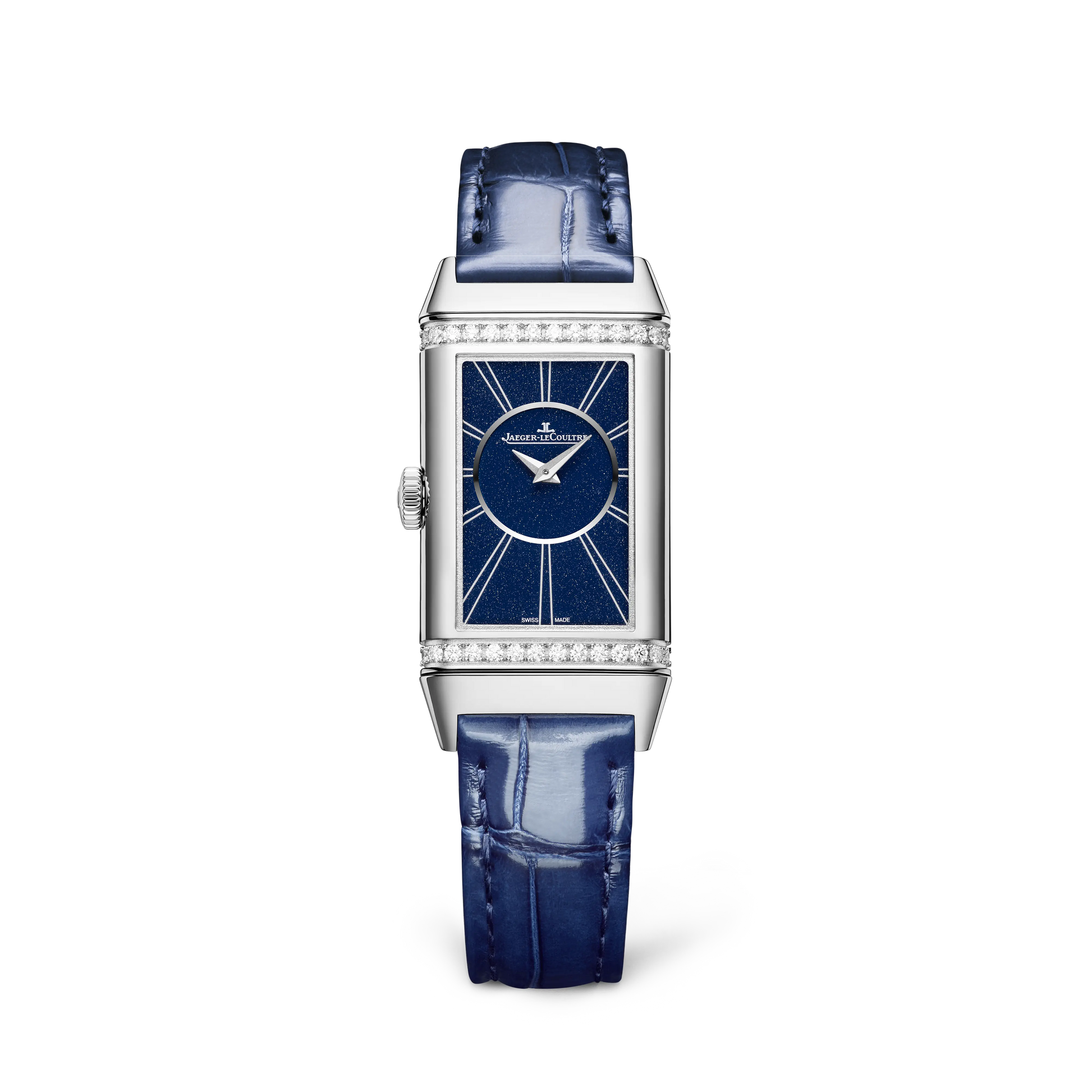 JLC - Reverso One Duetto - 40.1 MM x 20 MM - Stainless Steel - Silvered-Gray/Midnight Blue Dial - Diamond-Set Case - Blue Leather Strap - Q334848J