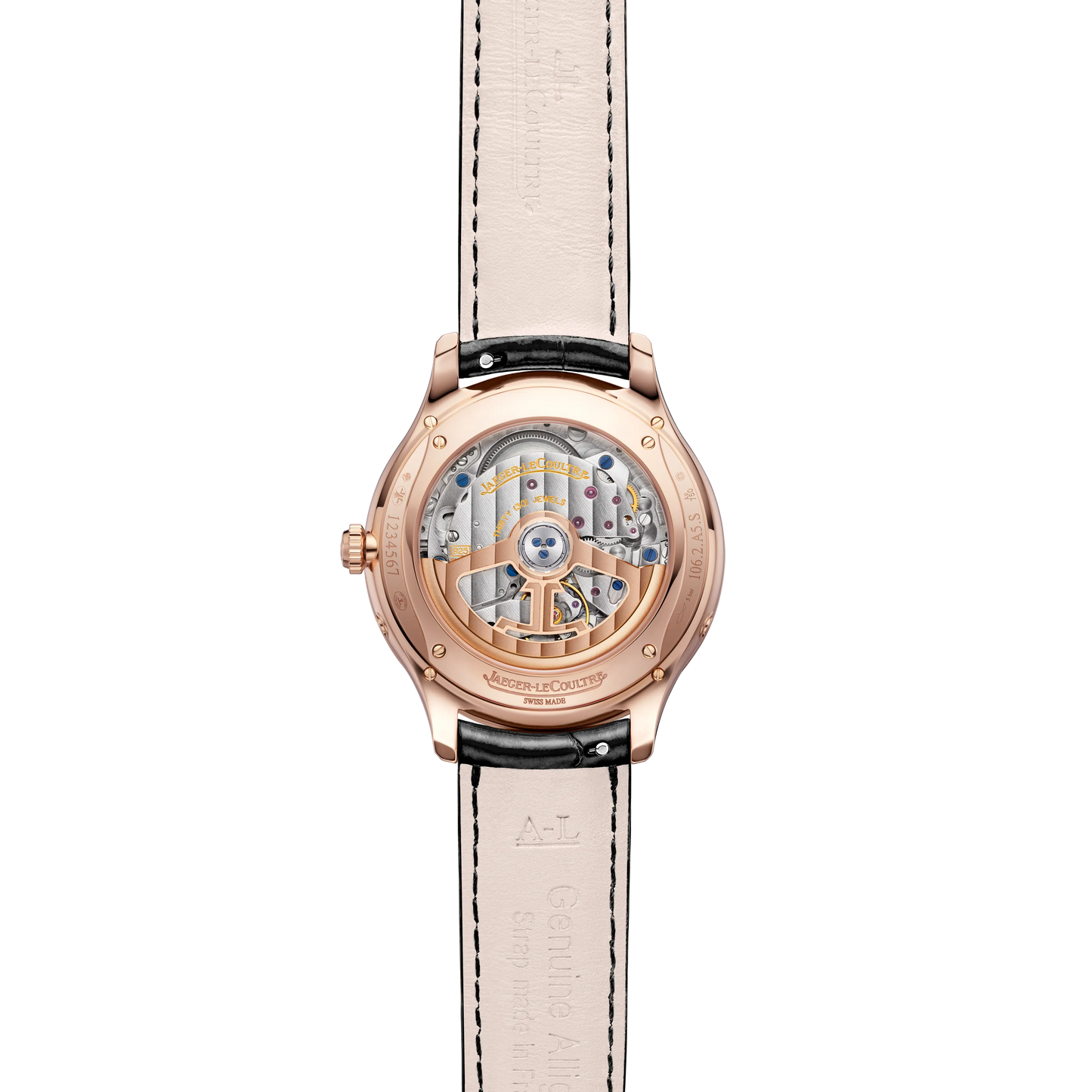 JLC - Master Ultra Thin Moon - 36 MM - Pink Gold - Silvered-Gray Dial - Diamond Bezel - Black Leather Strap - Q1242502