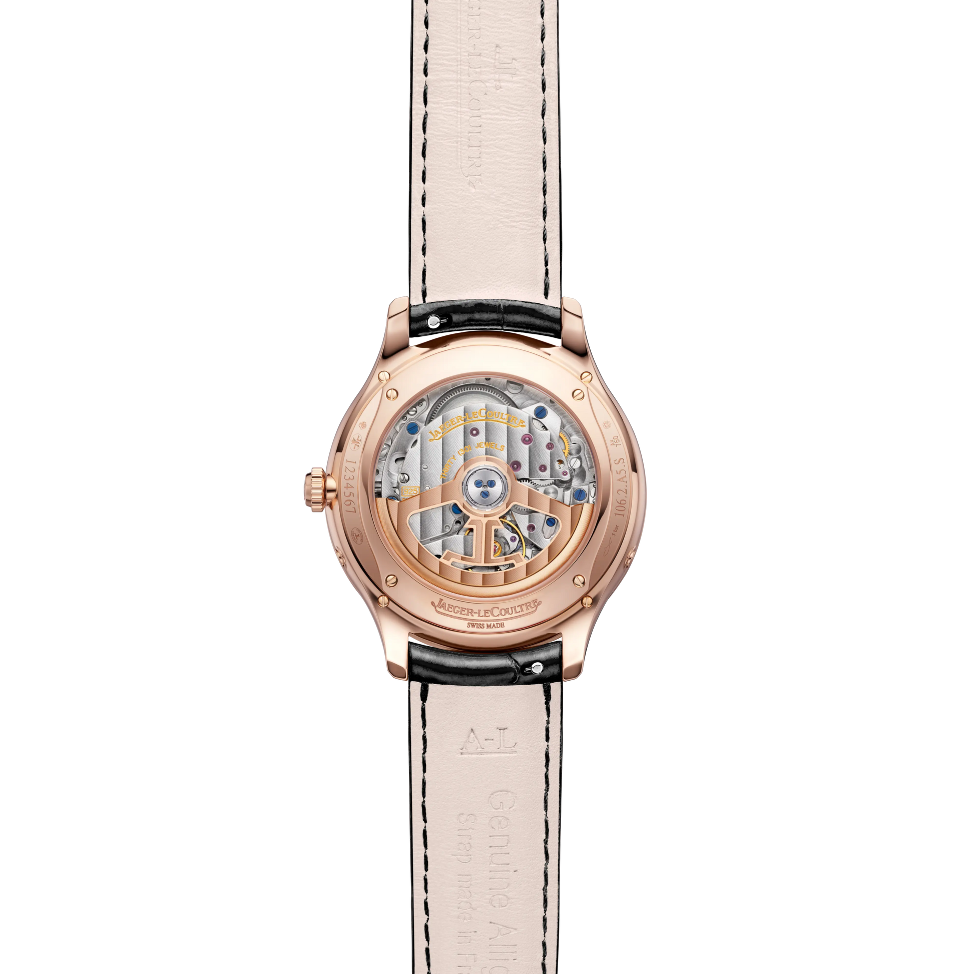 JLC - Master Ultra Thin Moon - 36 MM - Pink Gold - Silvered-Gray Dial - Diamond Bezel - Black Leather Strap - Q1242502