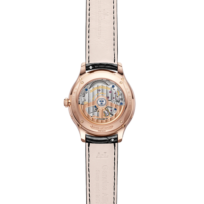 JLC - Master Ultra Thin Moon - 36 MM - Pink Gold - Silvered-Gray Dial - Diamond Bezel - Black Leather Strap - Q1242502