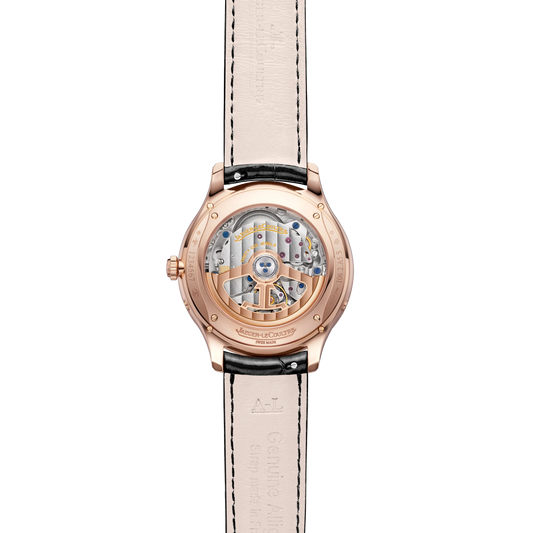 JLC - Master Ultra Thin Moon - 36 MM - Pink Gold - Silvered-Gray Dial - Diamond Bezel - Black Leather Strap - Q1242502
