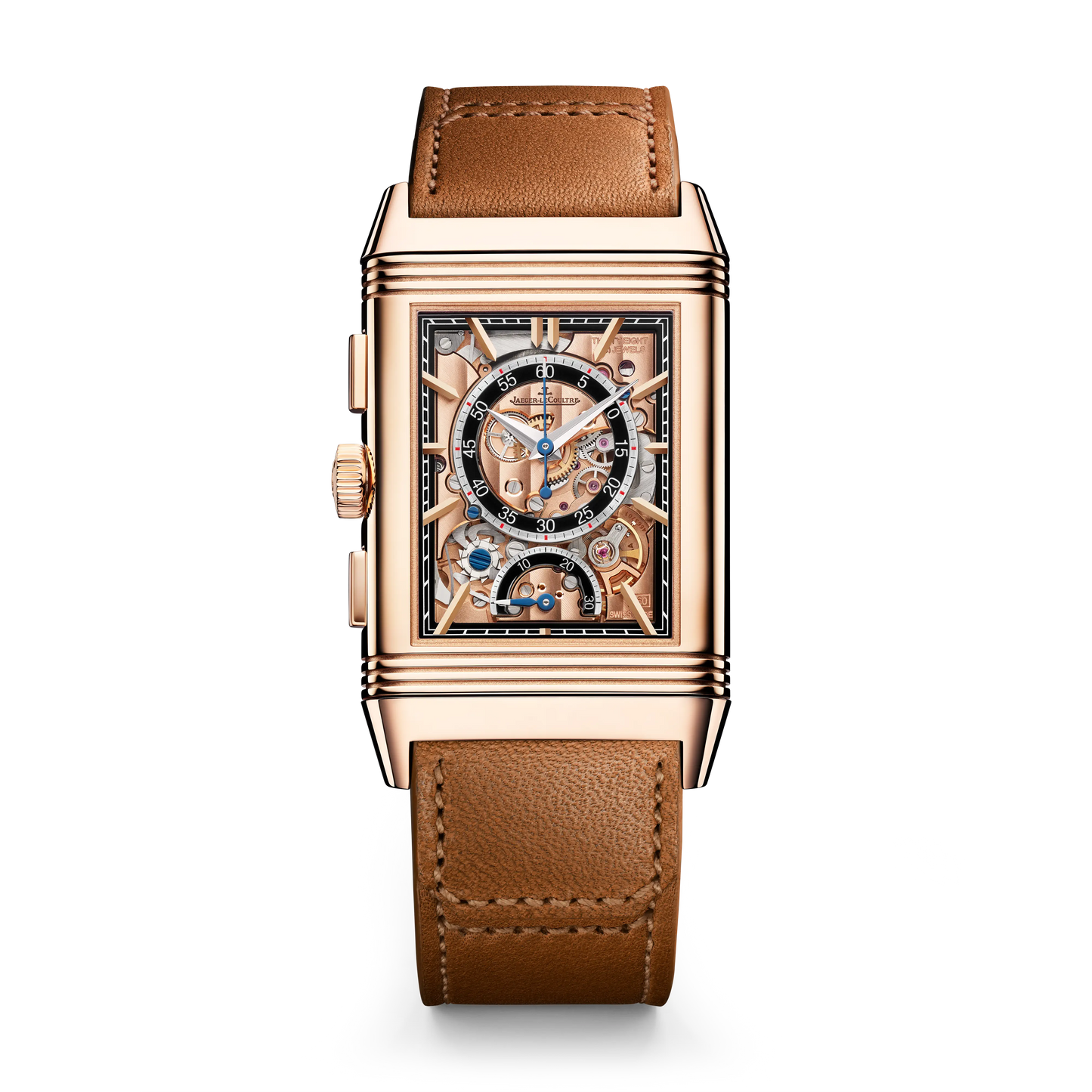 JLC - Reverso Tribute Chronograph - Limited Edition - 49.4 MM x 29.9 MM - Pink Gold - Golden/Skeleton Dial - Black/Brown Leather Strap - Q389256J