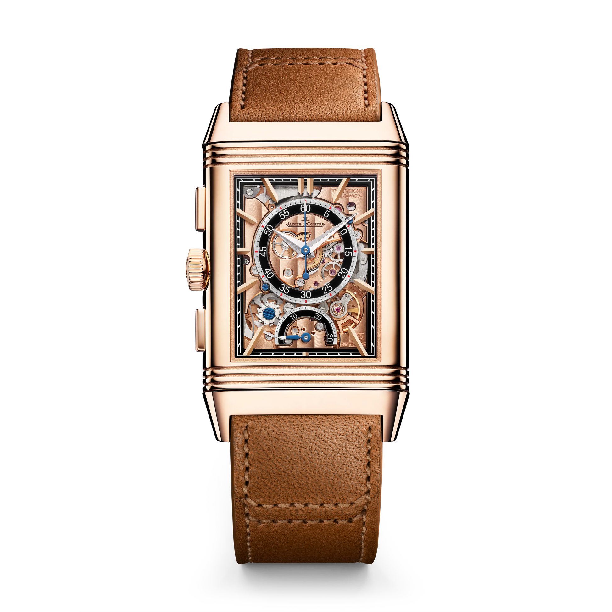 JLC - Reverso Tribute Chronograph - Limited Edition - 49.4 MM x 29.9 MM - Pink Gold - Golden/Skeleton Dial - Black/Brown Leather Strap - Q389256J