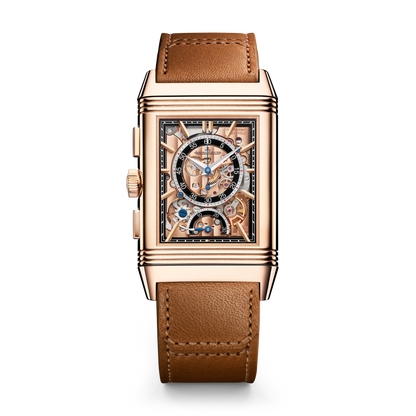 JLC - Reverso Tribute Chronograph - Limited Edition - 49.4 MM x 29.9 MM - Pink Gold - Golden/Skeleton Dial - Black/Brown Leather Strap - Q389256J