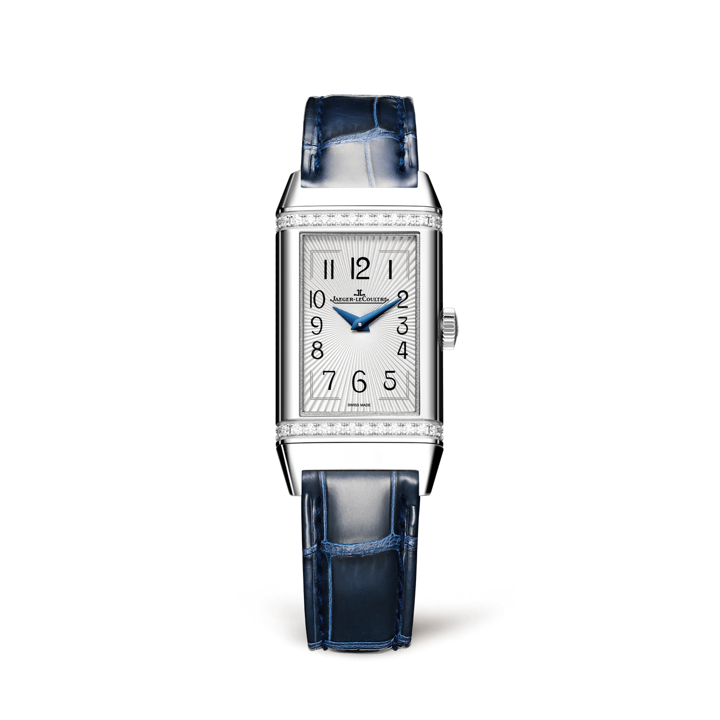 JLC - Reverso One Monoface - 40.1 MM x 20 MM - Stainless Steel - Silvered-Gray Guilloché Dial - Diamond-Set Case - Blue Leather Strap - Q3288422