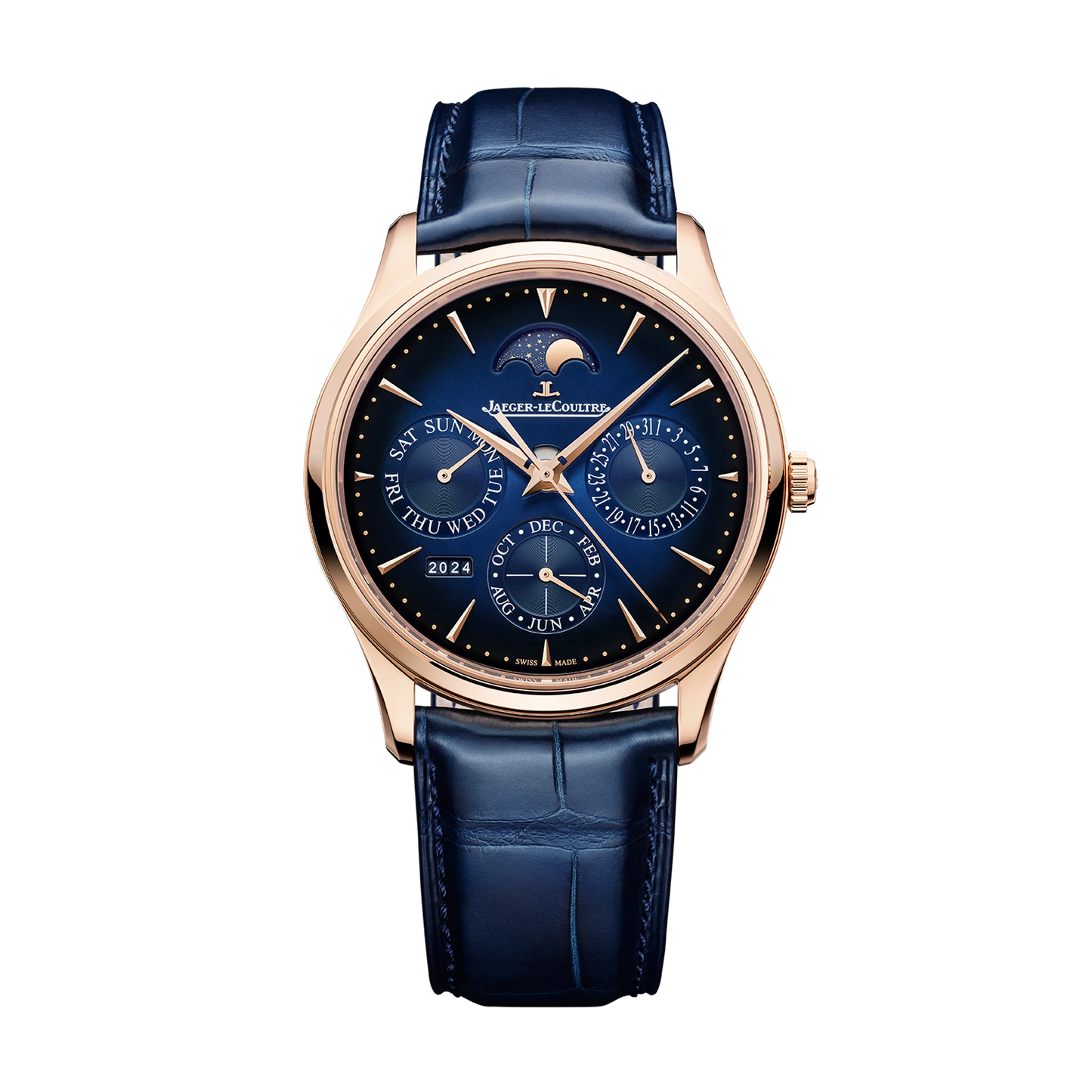 JLC - Master Ultra Thin Perpetual Calendar - 39 MM - Pink Gold - Midnight Blue Dial - Blue Leather Strap - Q114258J