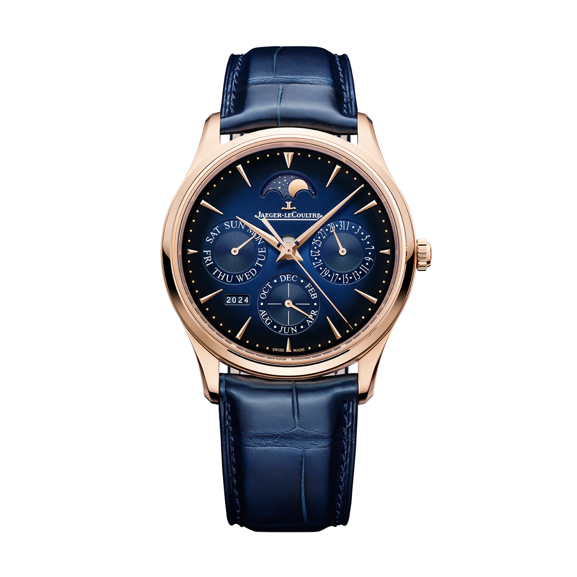 JLC - Master Ultra Thin Perpetual Calendar - 39 MM - Pink Gold - Midnight Blue Dial - Blue Leather Strap - Q114258J