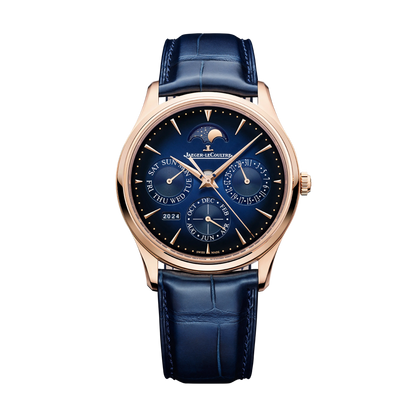 JLC - Master Ultra Thin Perpetual Calendar - 39 MM - Pink Gold - Midnight Blue Dial - Blue Leather Strap - Q114258J