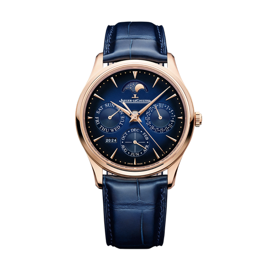 JLC - Master Ultra Thin Perpetual Calendar - 39 MM - Pink Gold - Midnight Blue Dial - Blue Leather Strap - Q114258J
