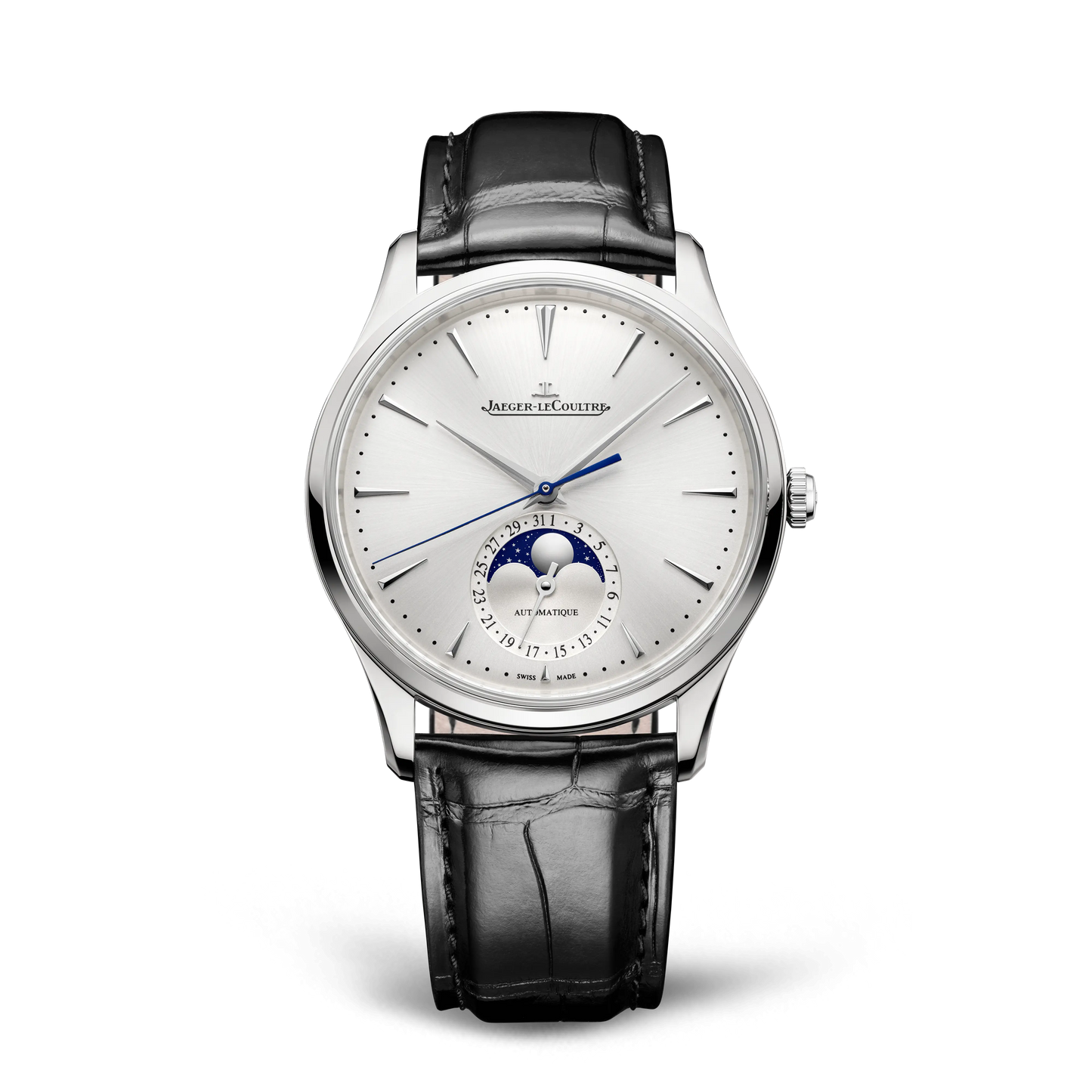 JLC - Master Ultra Thin Moon - 39 MM - Stainless Steel - Silvered-Gray Dial - Black Leather Strap - Q1368430