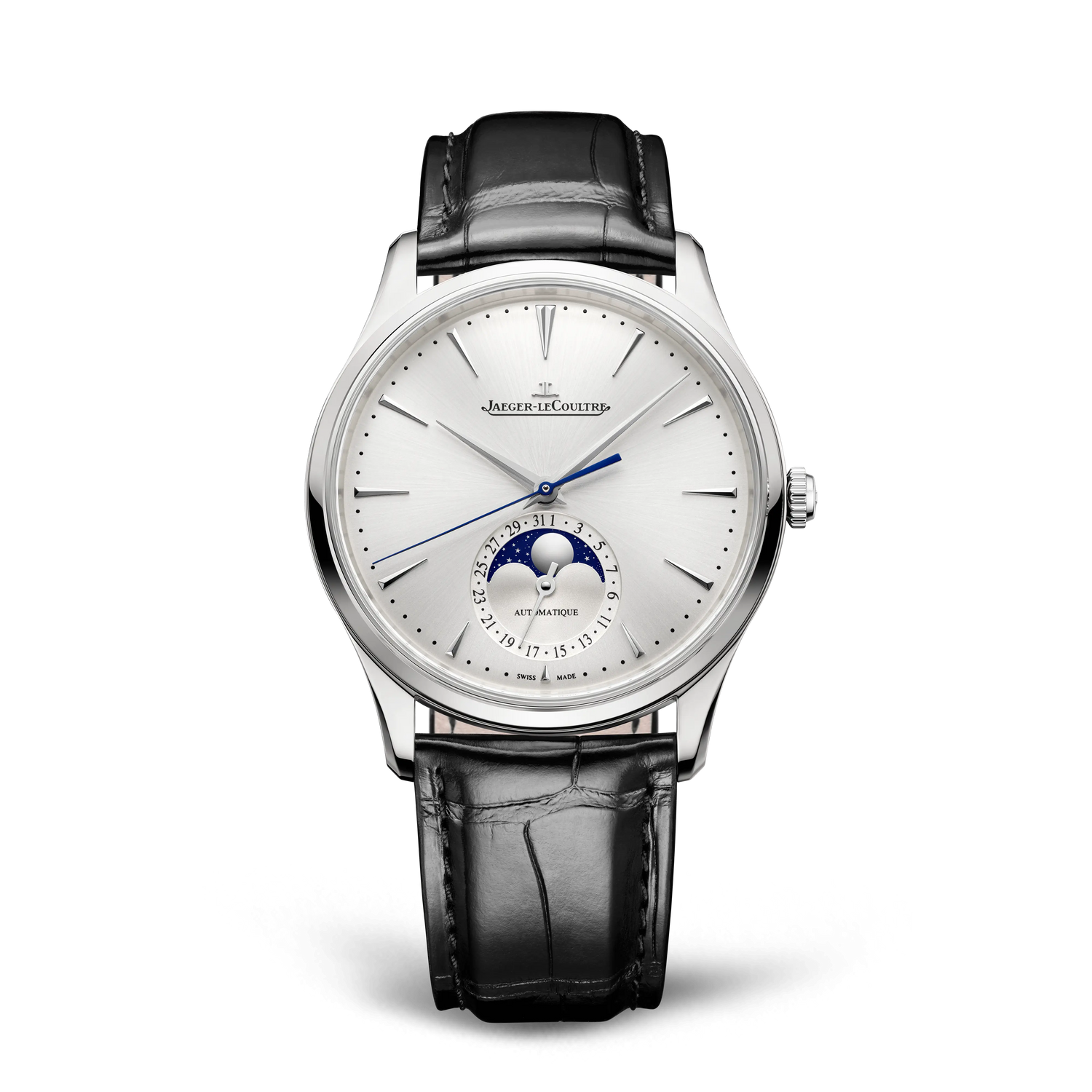 JLC - Master Ultra Thin Moon - 39 MM - Stainless Steel - Silvered-Gray Dial - Black Leather Strap - Q1368430