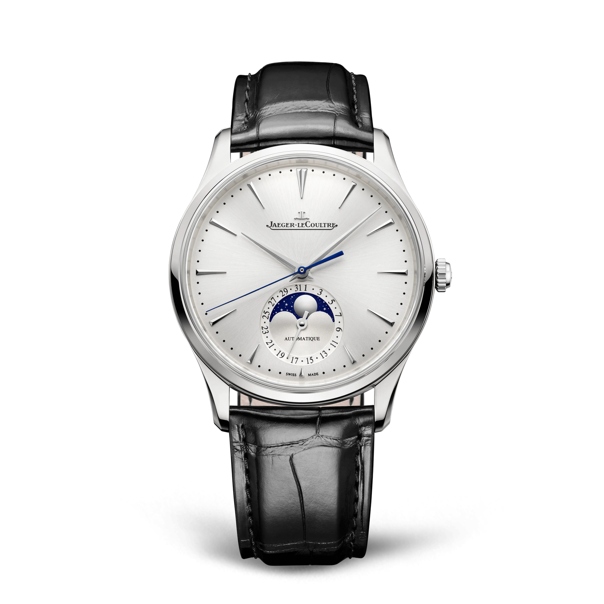 JLC - Master Ultra Thin Moon - 39 MM - Stainless Steel - Silvered-Gray Dial - Black Leather Strap - Q1368430