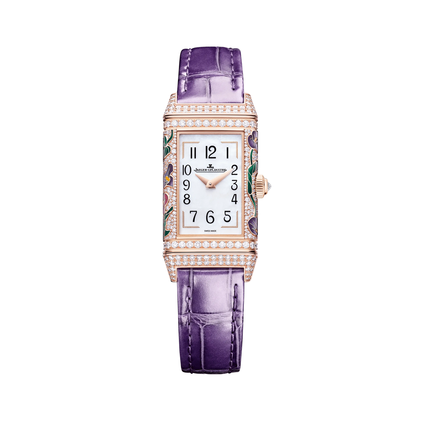 JLC - Reverso One Precious Flowers - Limited Edition - 40 MM x 20 MM - Pink Gold - Mother-Of-Pearl Dial - Diamond-Set Case - Purple Leather Strap - Q3292435