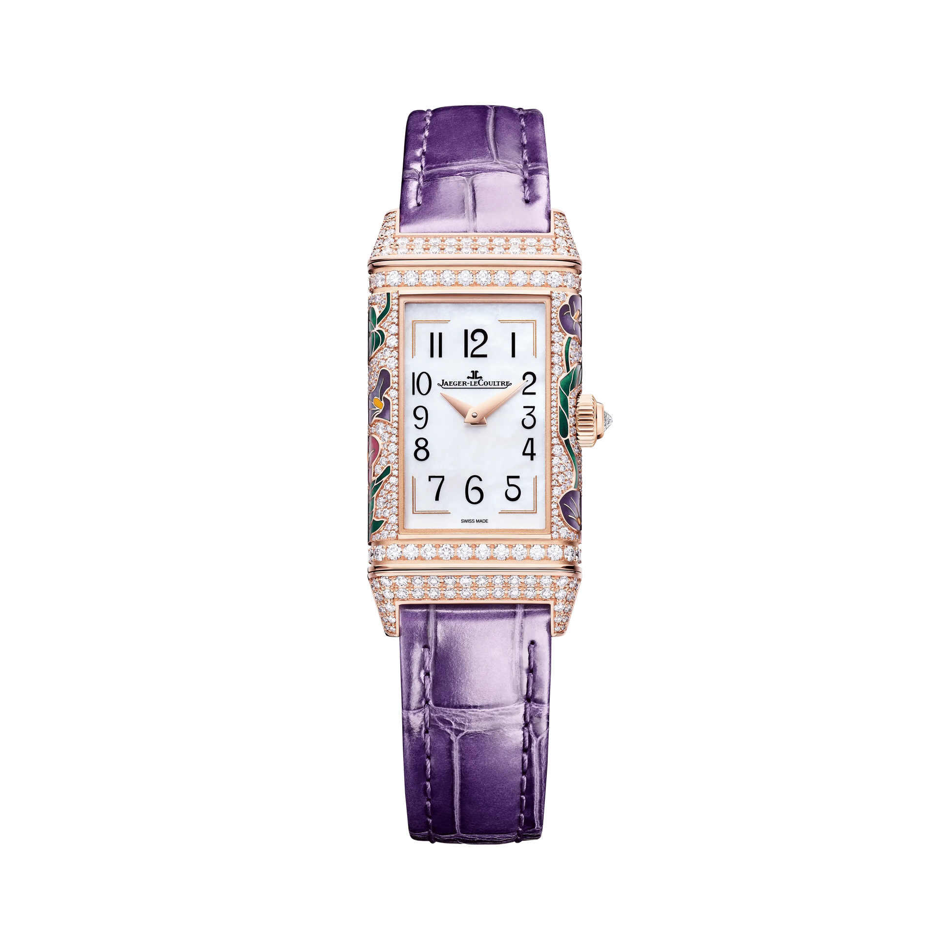 JLC - Reverso One Precious Flowers - Limited Edition - 40 MM x 20 MM - Pink Gold - Mother-Of-Pearl Dial - Diamond-Set Case - Purple Leather Strap - Q3292435