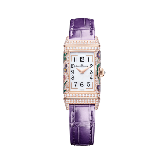 JLC - Reverso One Precious Flowers - Limited Edition - 40 MM x 20 MM - Pink Gold - Mother-Of-Pearl Dial - Diamond-Set Case - Purple Leather Strap - Q3292435