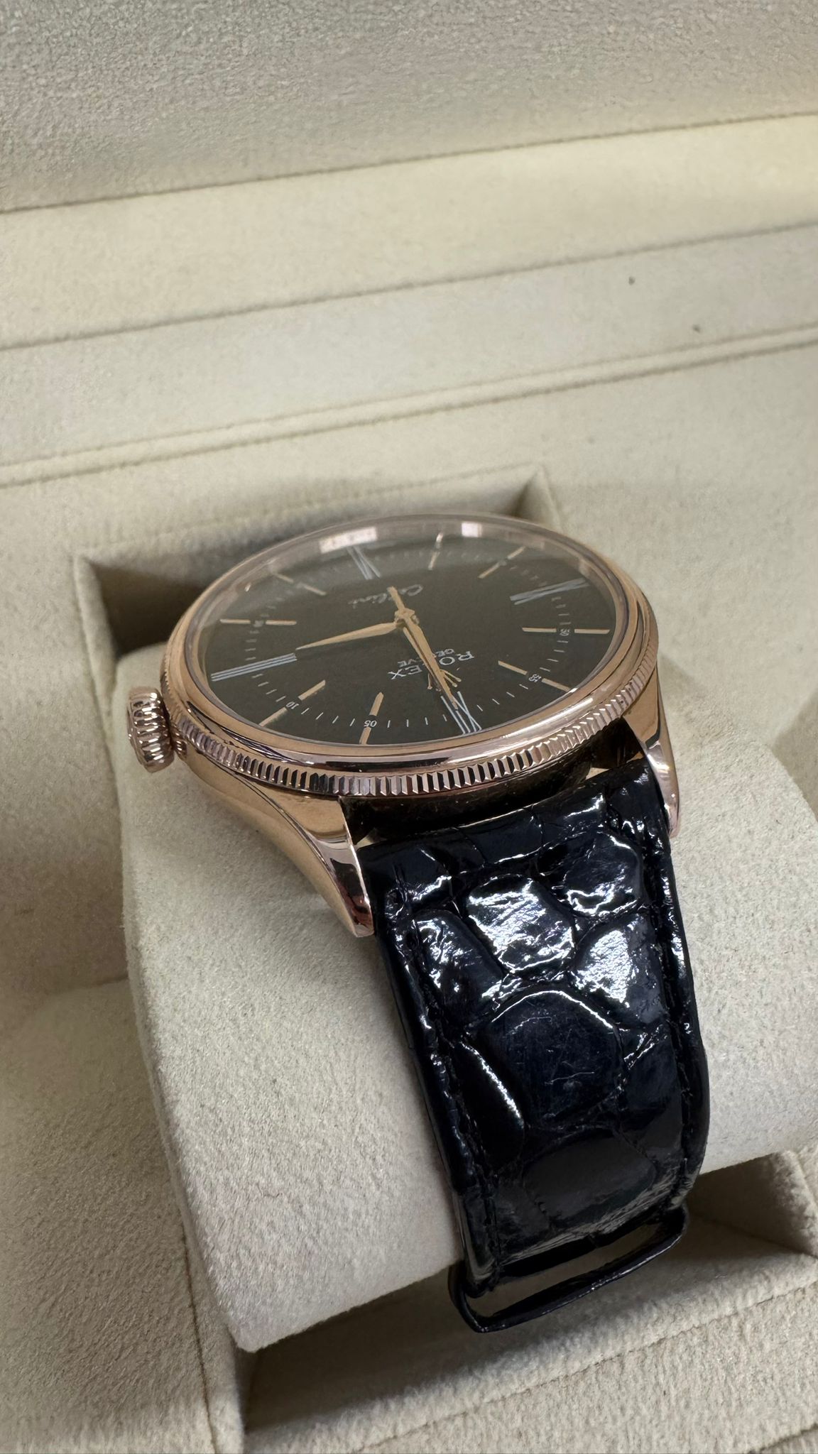 Rolex Everose Gold Cellini Date Watch - 39 MM - Leather Strap - Black Dial - 50505