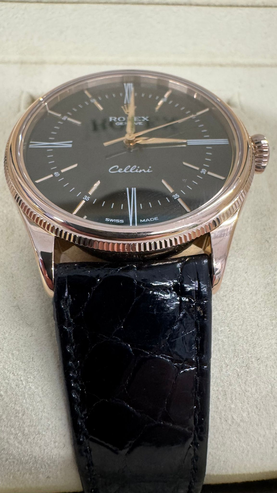 Rolex Everose Gold Cellini Date Watch - 39 MM - Leather Strap - Black Dial - 50505