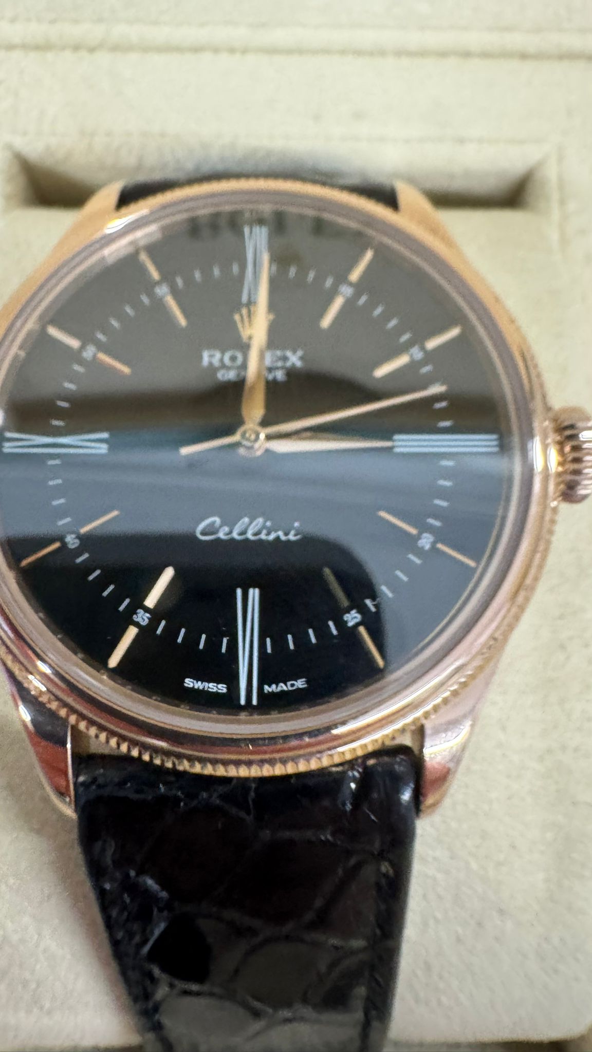 Rolex Everose Gold Cellini Date Watch - 39 MM - Leather Strap - Black Dial - 50505
