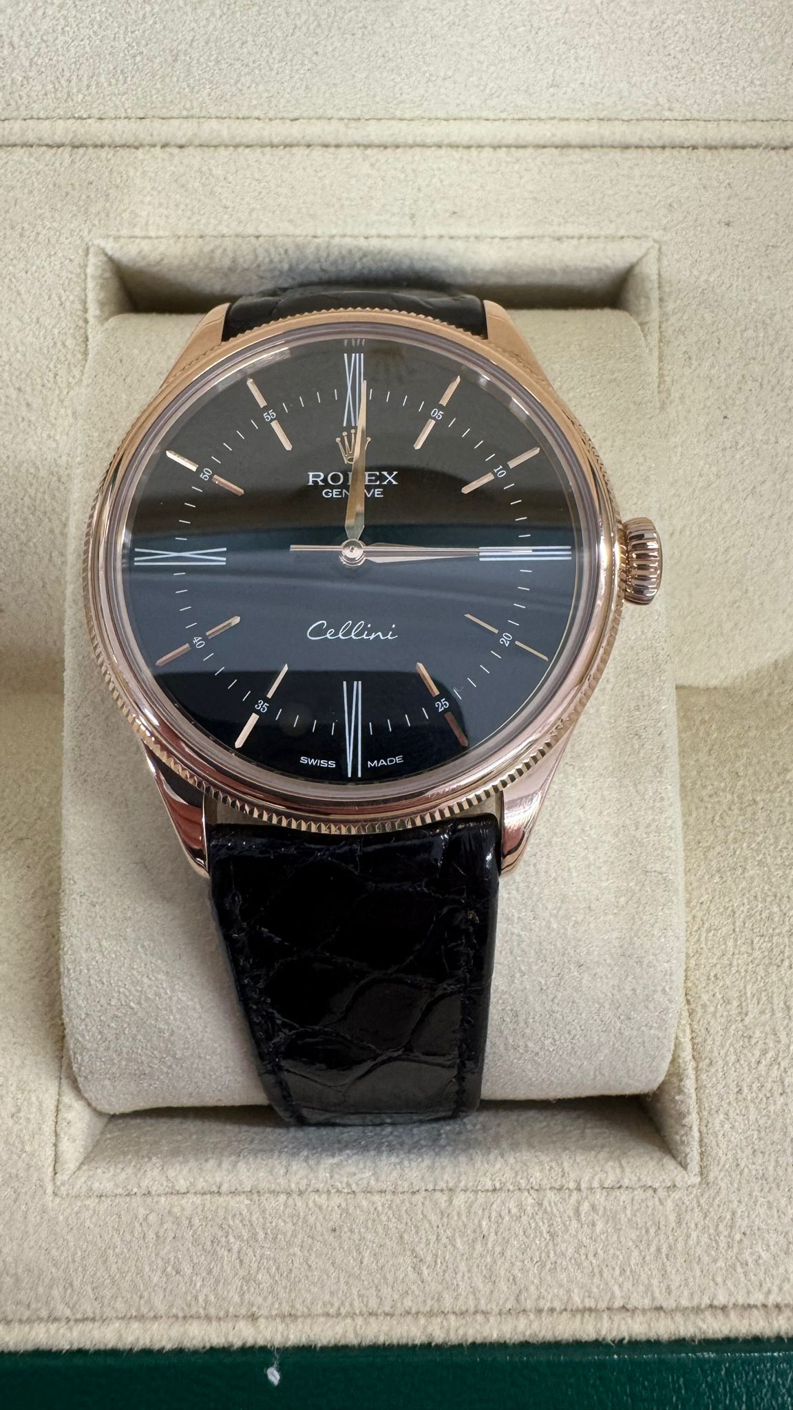 Rolex Everose Gold Cellini Date Watch - 39 MM - Leather Strap - Black Dial - 50505