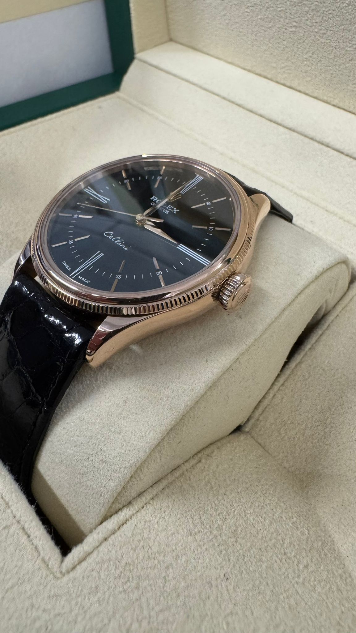 Rolex Everose Gold Cellini Date Watch - 39 MM - Leather Strap - Black Dial - 50505